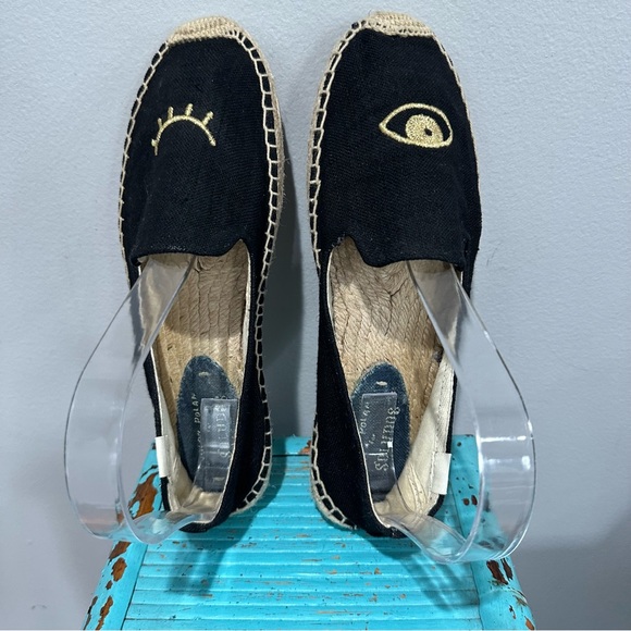 Soludos Jason Polan Gold Embroidered Wink Espadrille Black Size 8 - Picture 1 of 14
